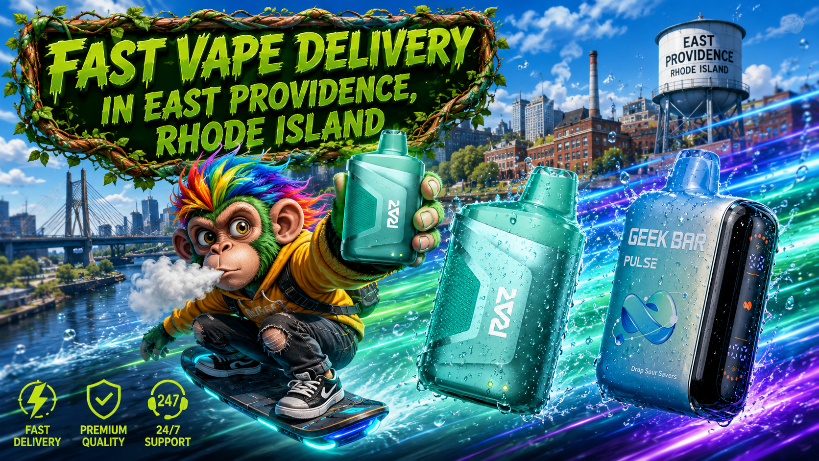 Fast Vape Delivery in East Providence, Rhode Island | Premium Disposable Vapes A bold promotional banner for Vapor Puffs featuring fast vape delivery in East Providence, Rhode Island. The artwork includes premium RAZ and Geek Bar disposable vapes covered in realistic water droplets, surrounded by colorful speed trails and dynamic smoke effects. A vibrant mascot rides a futuristic hoverboard while holding a RAZ vape, with iconic East Providence landmarks and the city's water tower in the background. The design highlights fast delivery, premium quality, and 24/7 customer support with eye-catching neon service icons.