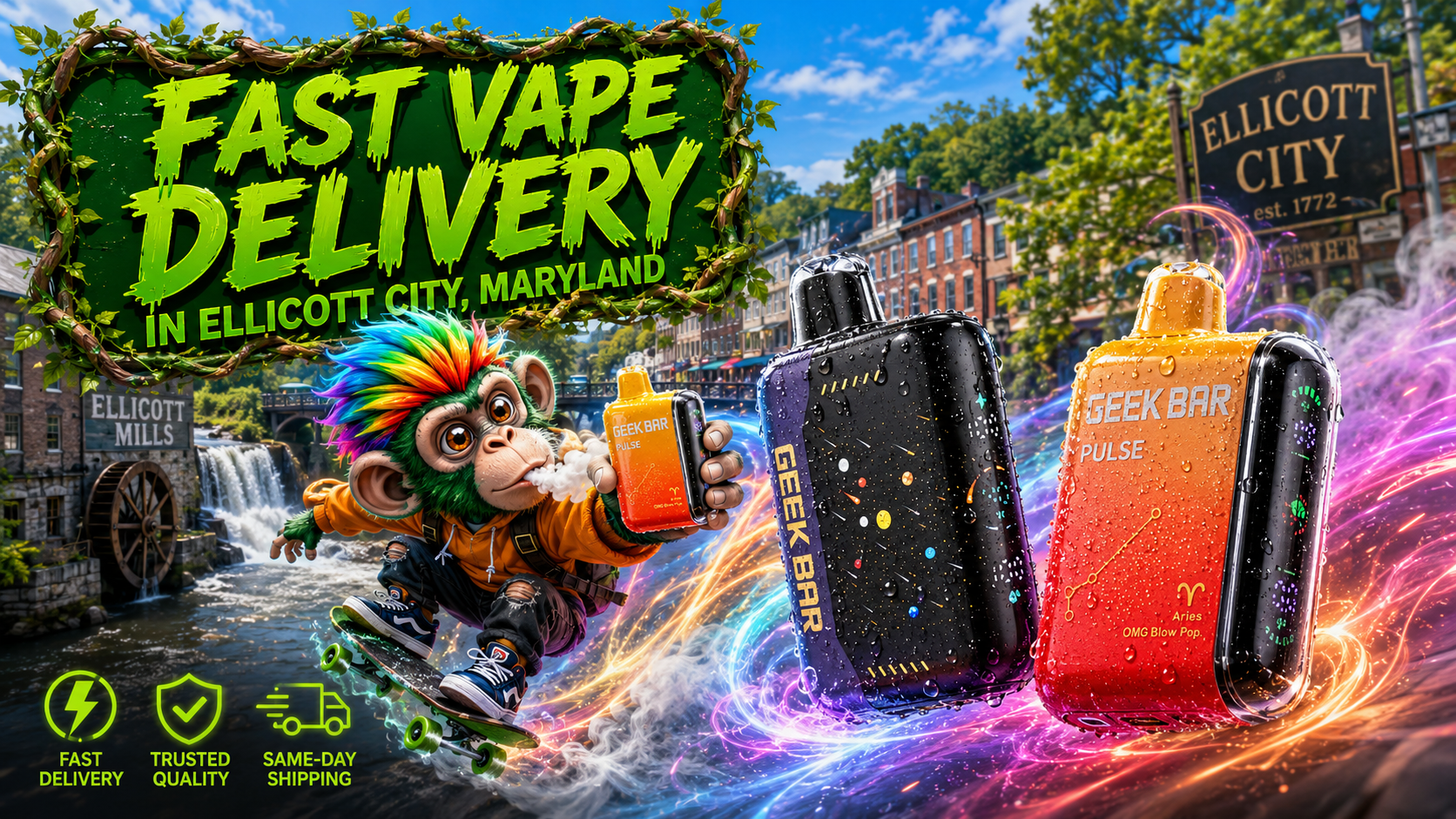 Fast Vape Delivery in Ellicott City, Maryland A vibrant promotional banner for fast vape delivery in Ellicott City, Maryland, featuring colorful Geek Bar disposable vapes with water droplets, a playful skateboard-riding mascot holding a vape, and dynamic neon energy trails. The background showcases iconic Ellicott City landmarks, including the historic Main Street, the Ellicott City welcome sign, and the famous mill waterfall, emphasizing reliable same-day shipping, trusted quality, and quick online vape shopping.