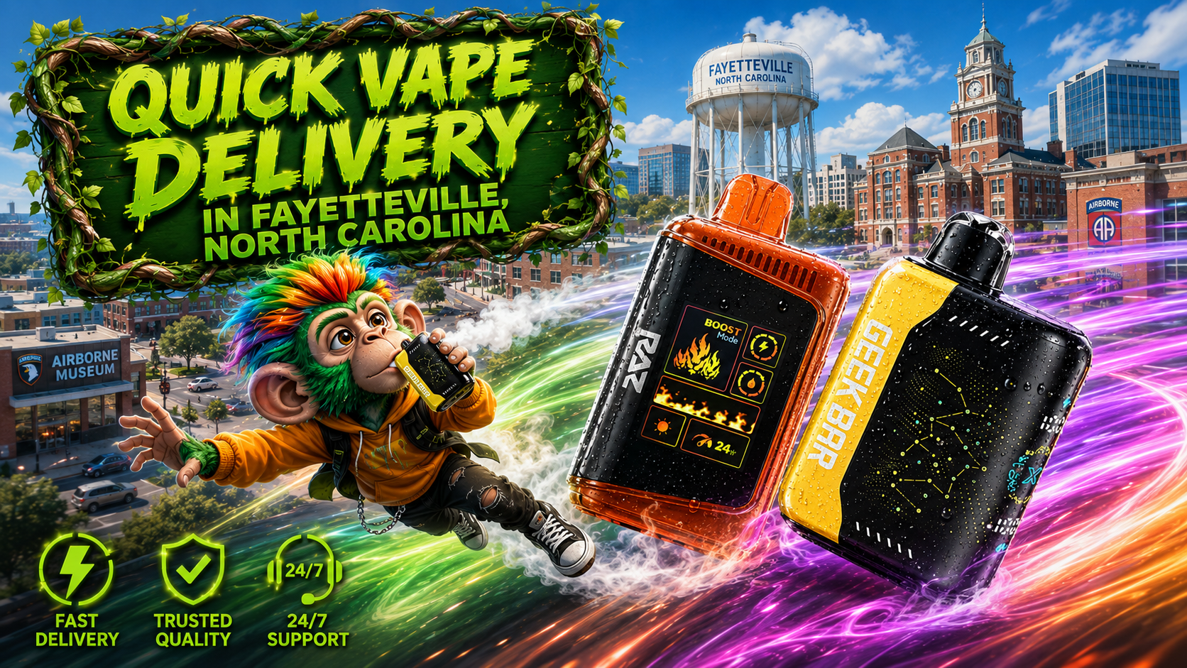 A colorful advertising banner promoting quick vape delivery in Fayetteville, North Carolina. The artwork features a vibrant monkey mascot holding a disposable vape while flying through the city, alongside two premium disposable vape devices covered in water droplets with vivid neon energy trails. Recognizable Fayetteville landmarks, including the historic downtown courthouse, the Fayetteville water tower, and the Airborne & Special Operations Museum area, create a dynamic city backdrop, highlighting fast shipping, trusted quality, 24/7 support, and a wide selection of authentic disposable vapes at affordable prices.