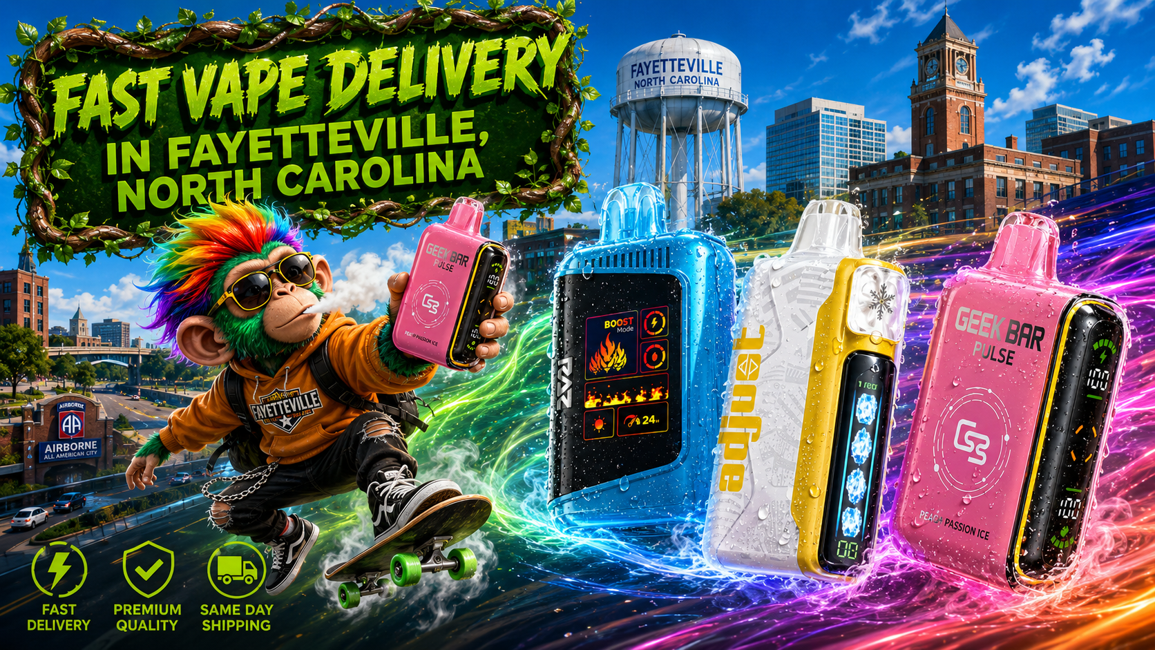 A vibrant promotional banner for Vapor Puffs featuring fast vape delivery in Fayetteville, North Carolina. A colorful monkey mascot rides a skateboard while holding a Geek Bar Pulse disposable vape, surrounded by premium disposable vapes with water droplets and colorful energy trails. The background showcases Fayetteville landmarks, including the iconic water tower and downtown skyline, emphasizing fast shipping, premium quality, same-day shipping, and a wide selection of authentic vape products at competitive prices.