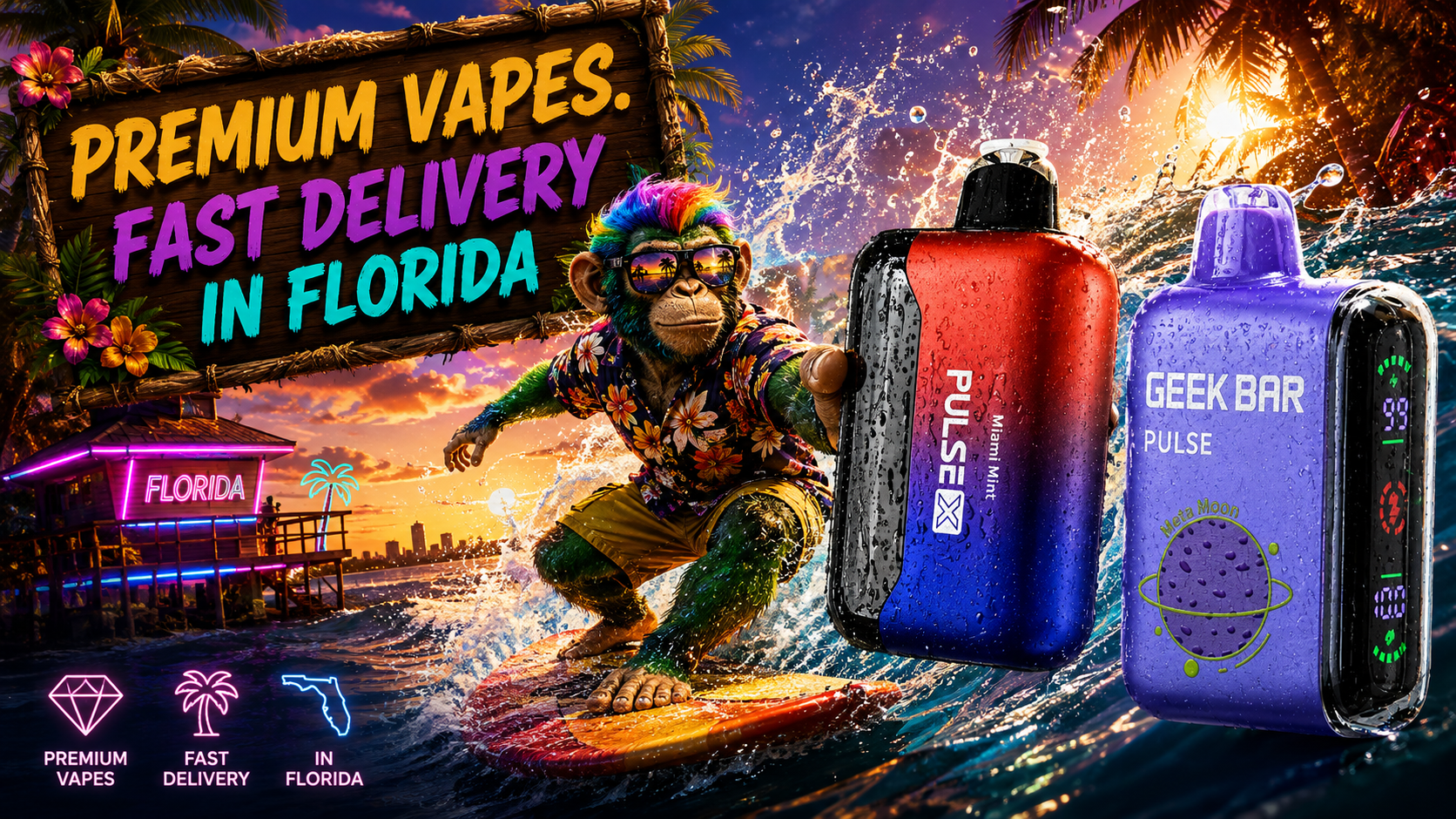 Premium Vape Delivery in Florida with Tropical Surf Scene Colorful vape devices beside a surfing character with “Premium Vapes. Fast Delivery in Florida” displayed.