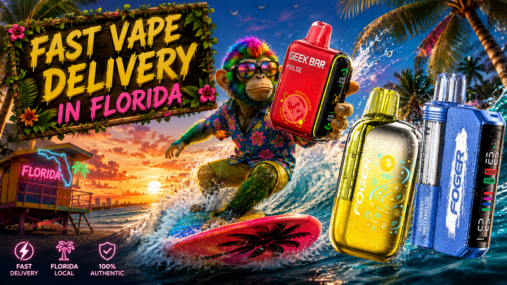 Fast Vape Delivery in Florida with Colorful Devices and Surf Scene Colorful vape devices over ocean waves with a surfing character and “Fast Vape Delivery in Florida” sign.