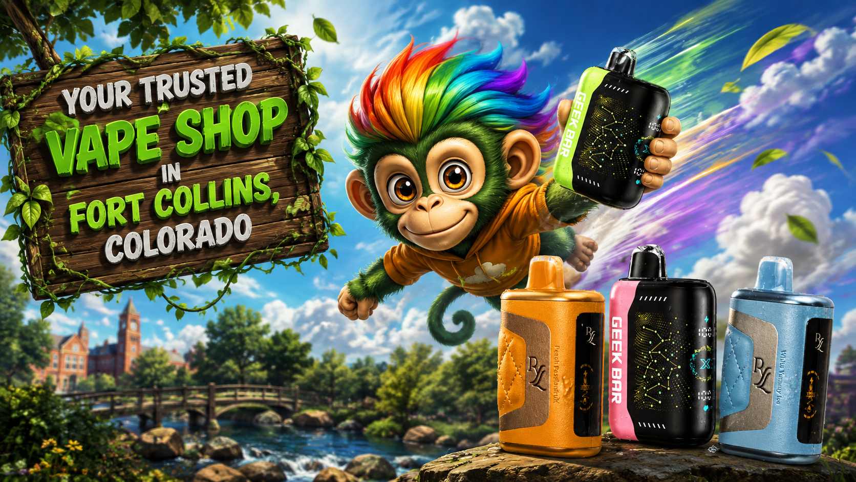 Colorful Vape Devices in a Bright Fort Collins, Colorado Outdoor Scene Colorful vape devices with a flying cartoon character, bright motion trails, and a scenic Fort Collins park backdrop.