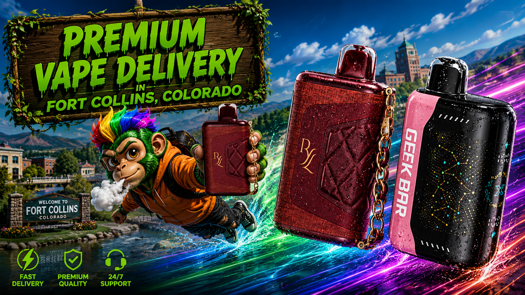 Water-Detailed Vape Devices with Neon Trails in Fort Collins, Colorado Burgundy and black vape devices with water droplets and luminous trails over a scenic Fort Collins riverside setting.