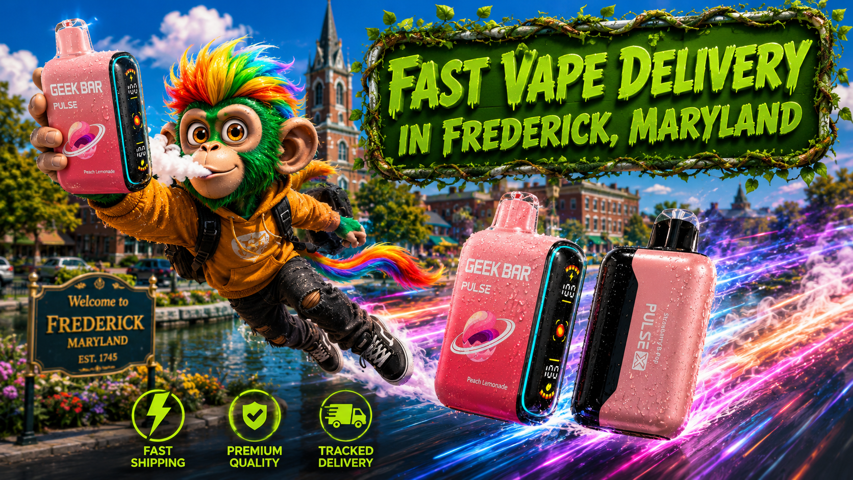 A vibrant promotional banner showcasing fast vape delivery in Frederick, Maryland, featuring Geek Bar Pulse disposable vapes with realistic water droplets and colorful energy trails. A playful flying character holds a Geek Bar Pulse device while iconic Frederick landmarks create a bright daytime city backdrop. The design emphasizes premium quality, tracked delivery, and fast shipping from a trusted online vape store.
