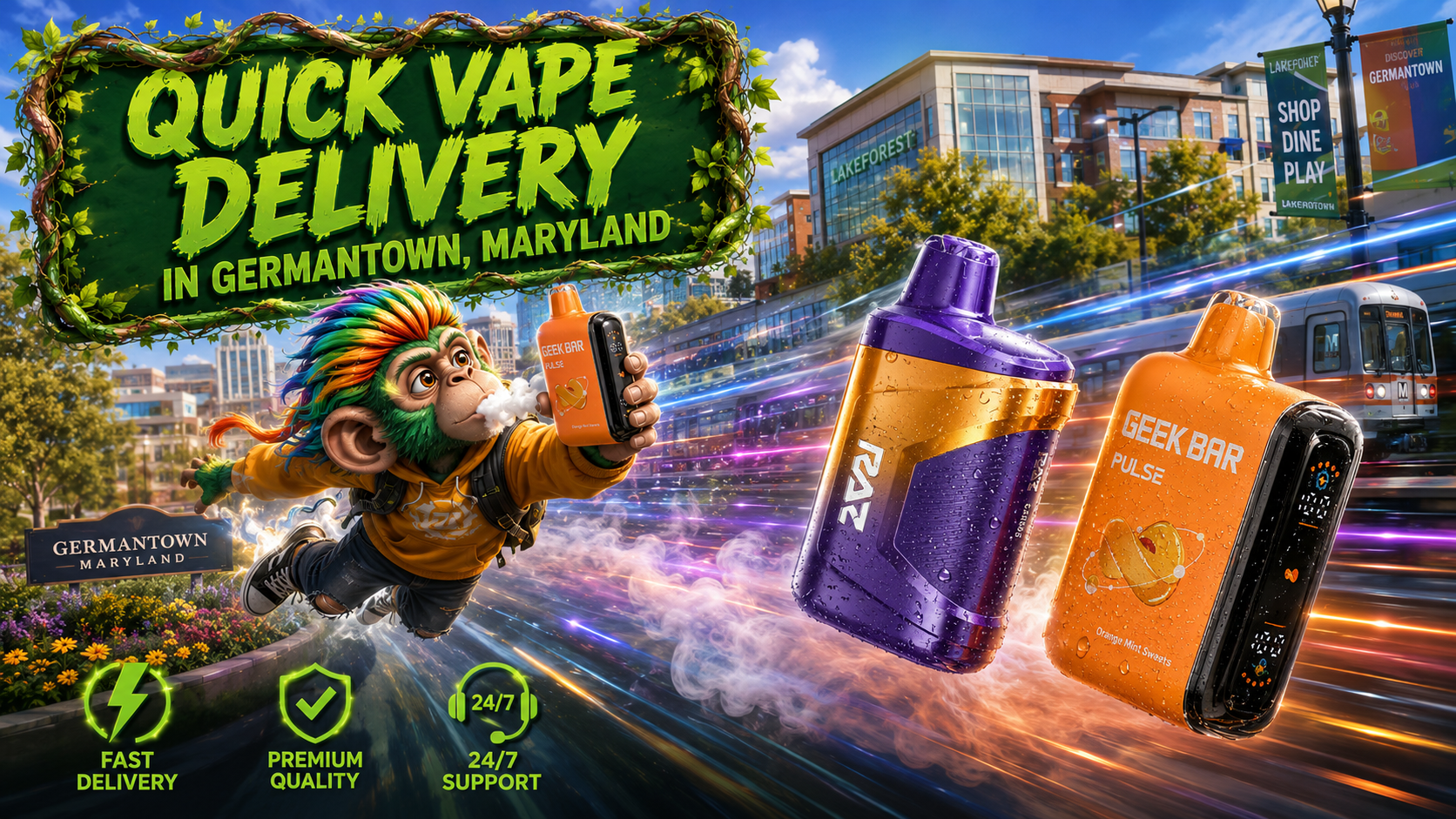 A vibrant promotional banner for Vapor Puffs featuring fast vape delivery in Germantown, Maryland. The image showcases two premium disposable vapes speeding through the city with colorful energy trails and water droplets, alongside a flying mascot holding a Geek Bar device. Germantown landmarks, modern city scenery, and icons representing fast delivery, premium quality, and 24/7 support emphasize a reliable online vape shop with a wide selection and competitive prices.