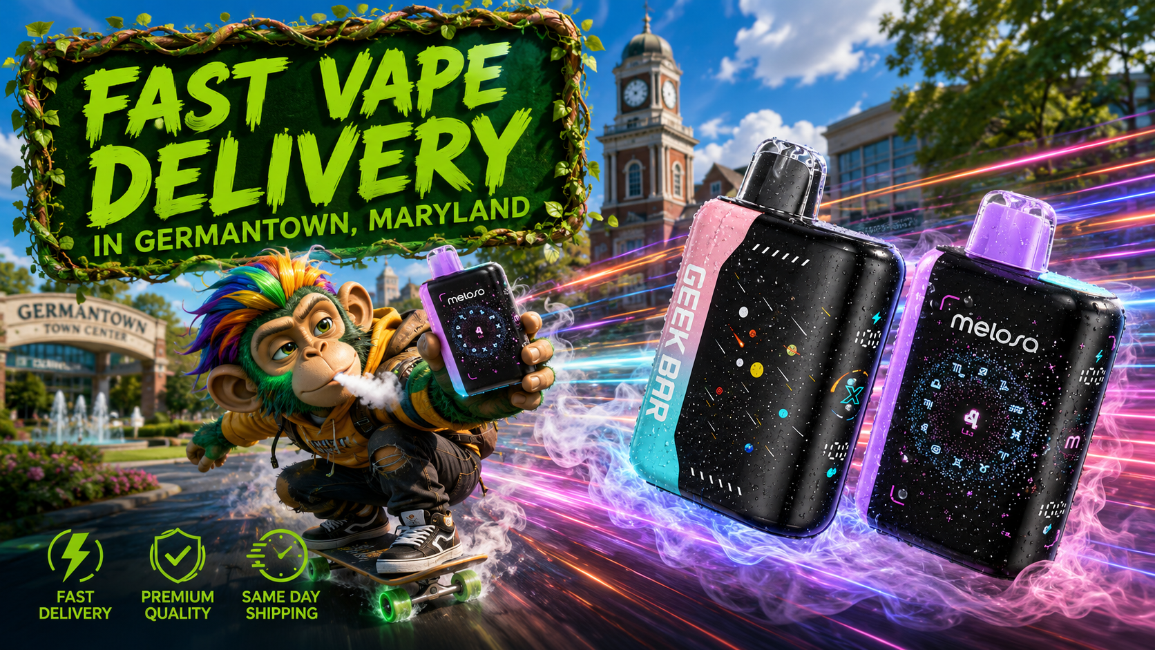 A colorful promotional banner highlighting fast vape delivery in Germantown, Maryland. The artwork features premium Geek Bar and Meloso disposable vapes with realistic water droplets, glowing energy trails, and a playful mascot riding a skateboard while holding a vape device. The Germantown Town Center and city landmarks create a vibrant backdrop, while icons emphasize fast delivery, premium quality, and same-day shipping for a trusted online vape shop.