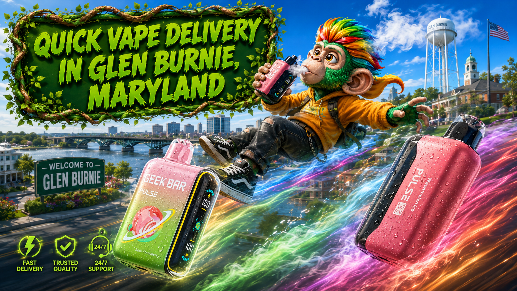 Quick Vape Delivery in Glen Burnie, Maryland – Premium Disposable Vapes A colorful promotional banner advertising quick vape delivery in Glen Burnie, Maryland. A vibrant cartoon monkey flies through the city while enjoying a disposable vape, surrounded by premium Geek Bar Pulse and Pulse X devices covered in water droplets and glowing energy trails. The background features recognizable Glen Burnie landmarks, including the welcome sign, the Glen Burnie water tower, and the city skyline, highlighting fast shipping, trusted quality, 24/7 support, and a wide selection of disposable vapes available from Vapor Puffs.