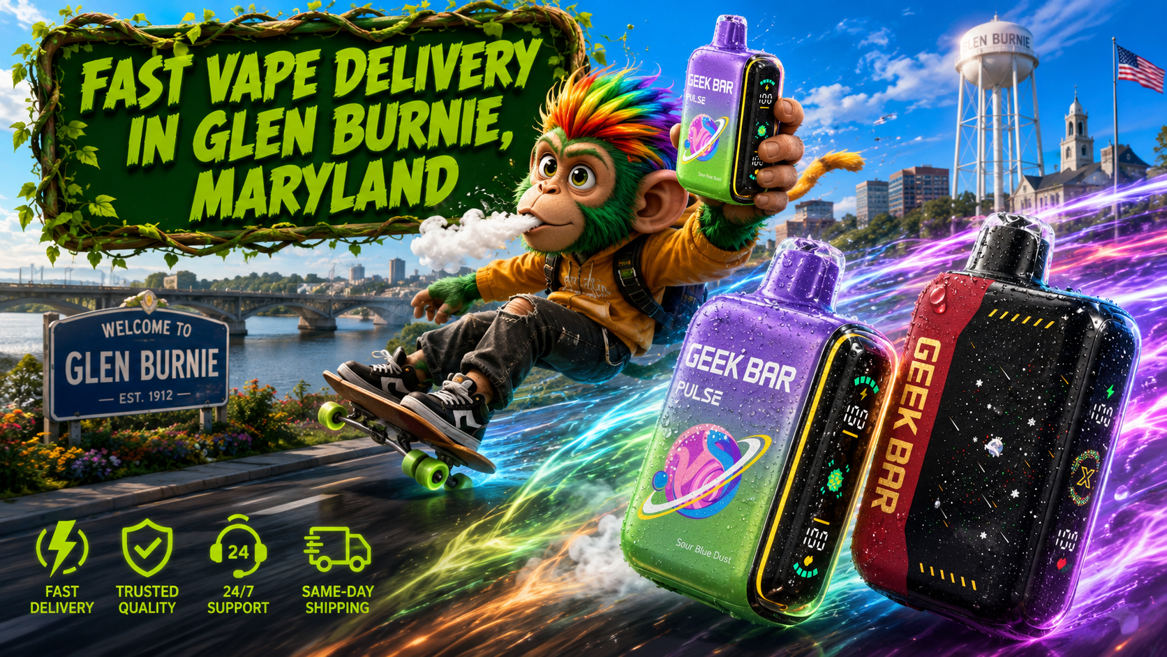 Fast Vape Delivery in Glen Burnie, Maryland – Premium Disposable Vapes A vibrant promotional banner featuring fast vape delivery in Glen Burnie, Maryland. A colorful cartoon monkey rides a skateboard while holding a Geek Bar disposable vape, surrounded by premium Geek Bar devices with water droplets and colorful energy trails. The background showcases Glen Burnie landmarks, including the iconic water tower, welcome sign, city skyline, and an American flag, emphasizing quick shipping, trusted quality, and a wide selection of disposable vapes from Vapor Puffs.