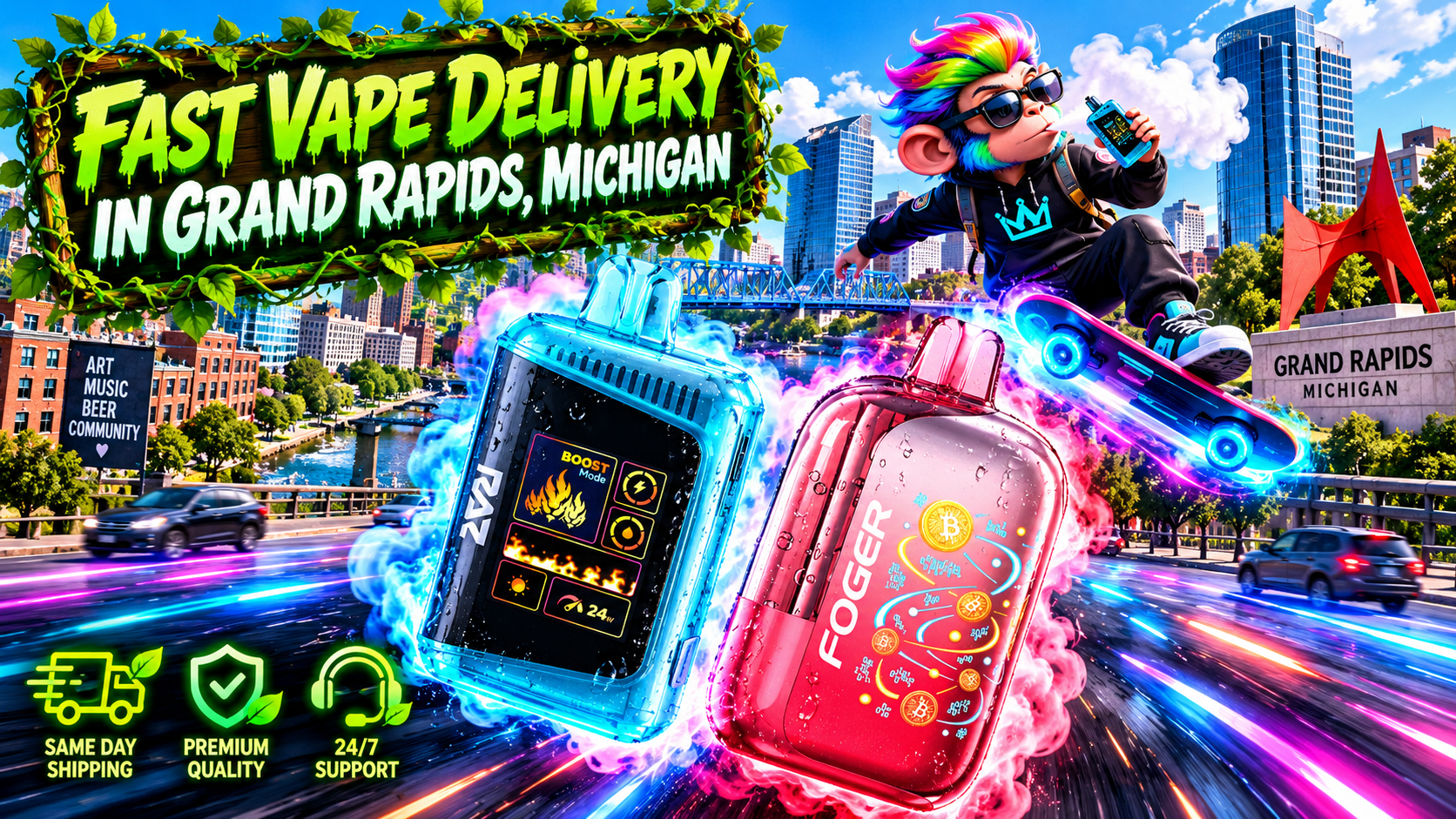 Blue and red devices with water droplets and glowing motion trails sweep across a sunny Grand Rapids skyline.