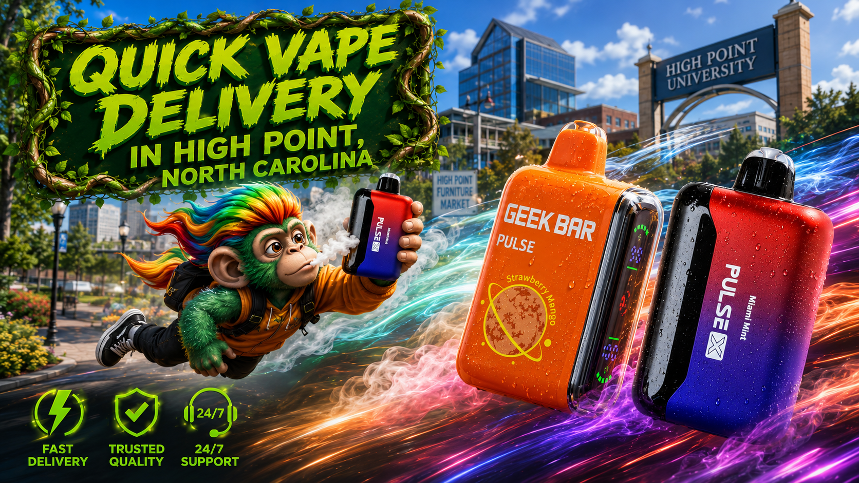Quick Vape Delivery in High Point, North Carolina | Fast Disposable Vape Shipping A vibrant promotional banner for Vapor Puffs featuring fast vape delivery in High Point, North Carolina. Two colorful disposable vape devices with water droplets race through the city with glowing energy trails, while a flying cartoon mascot holds a vape device. The background showcases recognizable High Point landmarks, including the High Point University entrance and the High Point Furniture Market sign. Green service icons highlight fast delivery, trusted quality, and 24/7 customer support, reinforcing the convenience of online vape shopping.