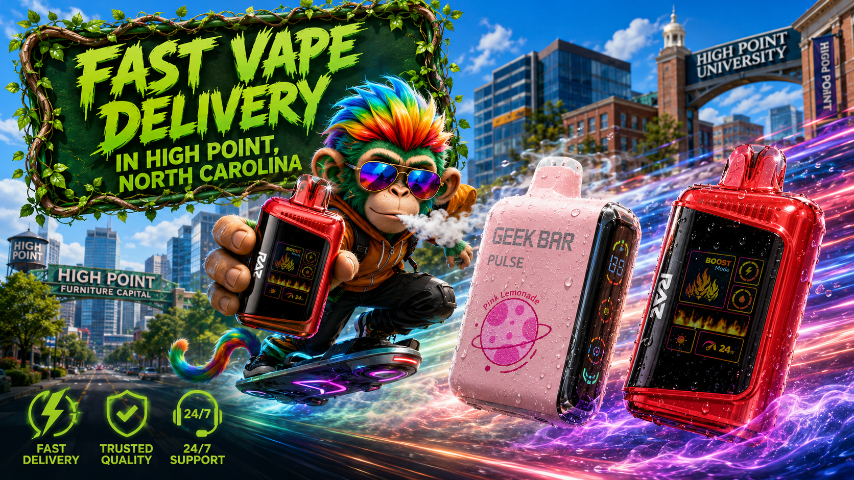Fast Vape Delivery in High Point, North Carolina | Premium Disposable Vapes A colorful advertising banner for Vapor Puffs showcasing fast vape delivery in High Point, North Carolina. A stylish cartoon mascot with rainbow-colored hair rides a futuristic hoverboard while holding a premium disposable vape. Three modern vape devices covered with realistic water droplets race across the scene with vibrant neon energy trails. The background features iconic High Point landmarks, including the High Point University entrance and the High Point Furniture Capital sign. Green service icons highlight fast delivery, trusted quality, and 24/7 customer support, emphasizing the convenience and affordability of ordering from an online vape shop.