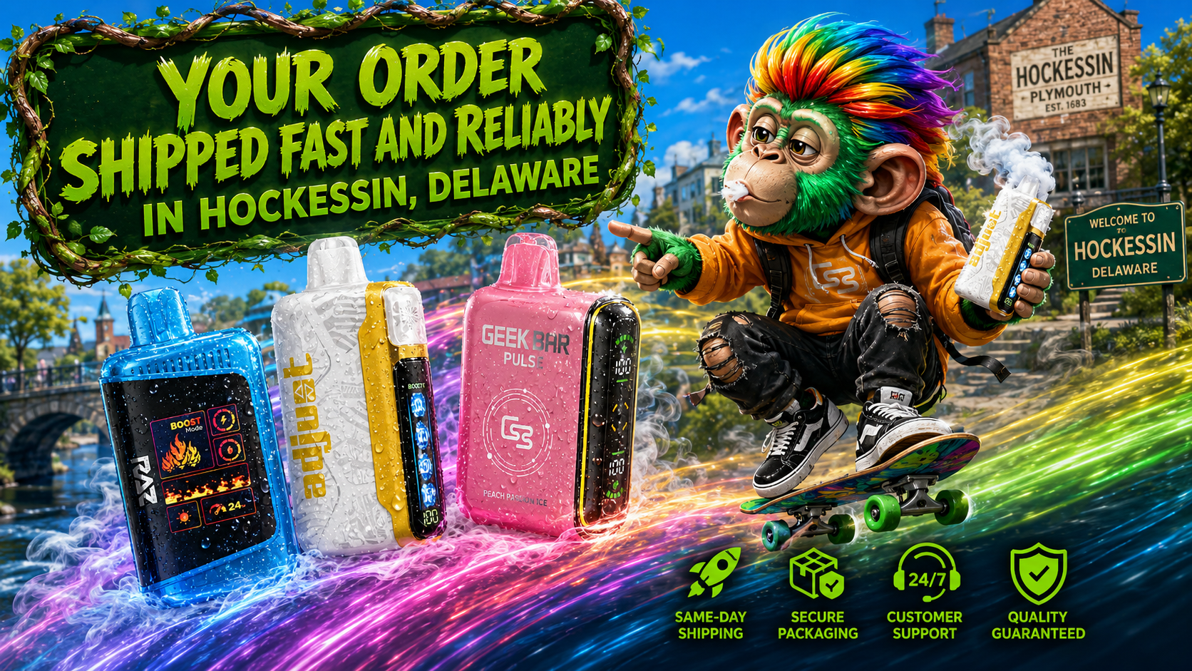 A colorful promotional banner for Vapor Puffs featuring premium disposable vapes in Hockessin, Delaware. The image displays popular vape devices with realistic water droplets, a vibrant skateboard-riding character holding a vape, glowing speed trails, and recognizable Hockessin landmarks in the background. The banner emphasizes fast order shipping, secure packaging, reliable customer support, and high-quality products, promoting convenient vape delivery to customers throughout Hockessin, DE.