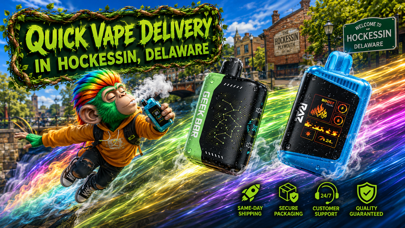 A vibrant promotional banner for Vapor Puffs featuring quick vape delivery in Hockessin, Delaware. The image showcases premium disposable vapes with water droplets, a colorful flying character holding a vape device, bright energy trails, local Hockessin landmarks, and icons highlighting same-day shipping, secure packaging, customer support, and quality products. The design emphasizes fast delivery, a wide vape selection, and reliable online shopping for customers in Hockessin, DE.
