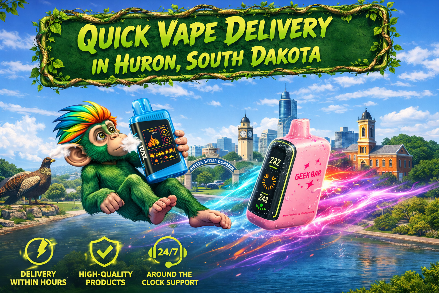 Quick Vape Delivery in Huron, South Dakota A colorful promotional banner for quick vape delivery in Huron, South Dakota, featuring futuristic disposable vapes with water droplets, a flying fantasy character, bright energy trails, local city scenery, and service icons highlighting fast delivery, high-quality products, and around-the-clock support.