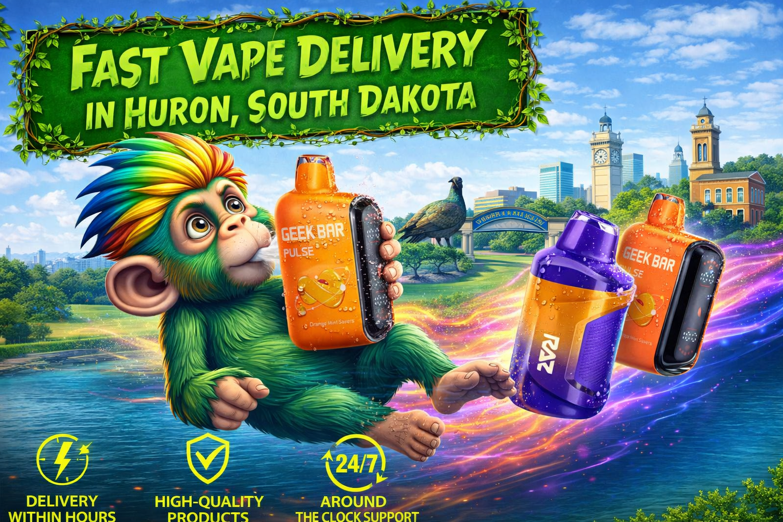 Fast Vape Delivery in Huron, South Dakota A vibrant promotional banner showcasing fast vape delivery in Huron, South Dakota, featuring colorful disposable vape devices with water droplets, a fantasy green mascot holding a vape, glowing energy trails, recognizable Huron landmarks, and service icons representing fast shipping, premium-quality products, and 24/7 customer support.