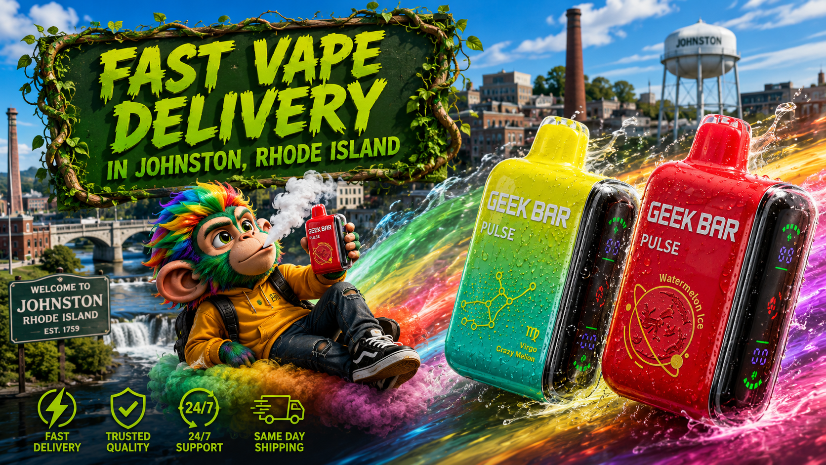 Fast Vape Delivery in Johnston, Rhode Island A vibrant promotional banner for Vapor Puffs featuring fast vape delivery in Johnston, Rhode Island. The image showcases two colorful Geek Bar Pulse disposable vapes with water droplets, surrounded by dynamic rainbow energy trails. A cheerful mascot holds a Geek Bar device while relaxing on a colorful cloud, with recognizable Johnston landmarks, including the town water tower and welcome sign, in the background. The design highlights fast delivery, trusted quality, 24/7 support, and same-day shipping in a bold, eye-catching style.