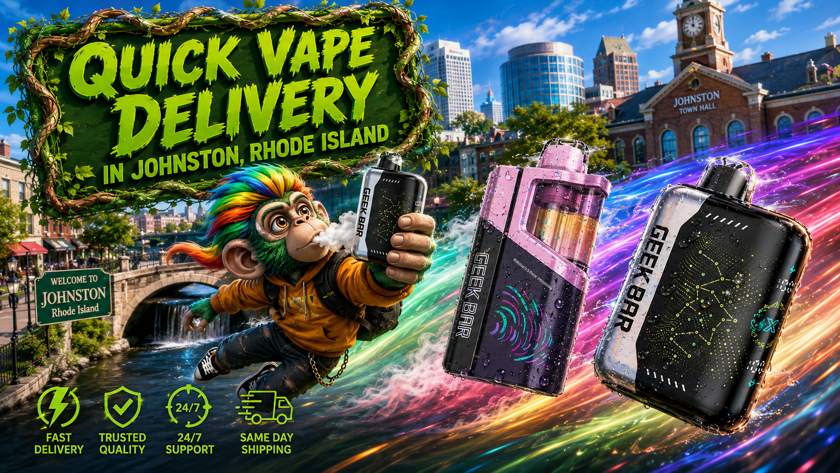 Quick Vape Delivery in Johnston, Rhode Island A colorful promotional banner advertising quick vape delivery in Johnston, Rhode Island. The artwork features three premium Geek Bar vape devices covered in realistic water droplets, racing through the city with vibrant rainbow energy trails. A playful mascot holds a Geek Bar vape while flying through the scene, with Johnston Town Hall, the Welcome to Johnston sign, and the city skyline in the background. The design highlights fast delivery, trusted quality, 24/7 customer support, and same-day shipping, creating a bold and energetic advertisement for Vapor Puffs.