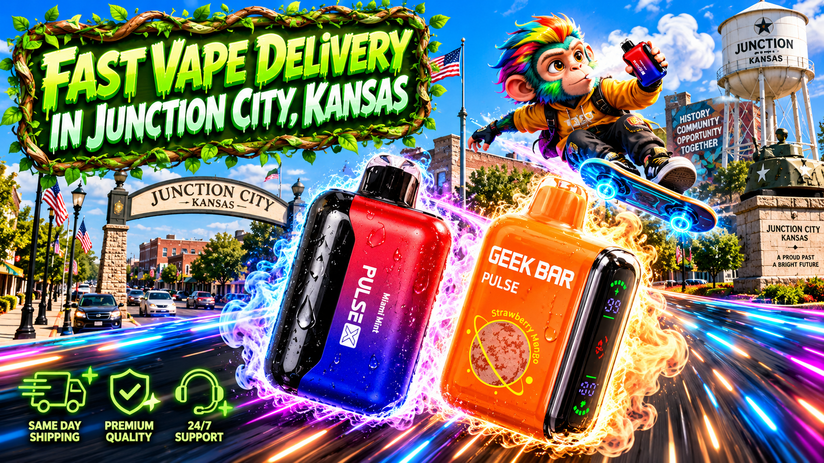 High-Speed Device Display Across Junction City, Kansas Colorful devices race through glowing energy trails against a lively Junction City, Kansas backdrop.