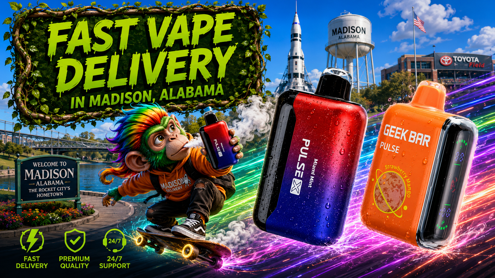 Modern disposable vape devices with colorful fast delivery artwork Disposable vape devices with colorful energy trails and a vibrant city backdrop showcasing fast delivery service.