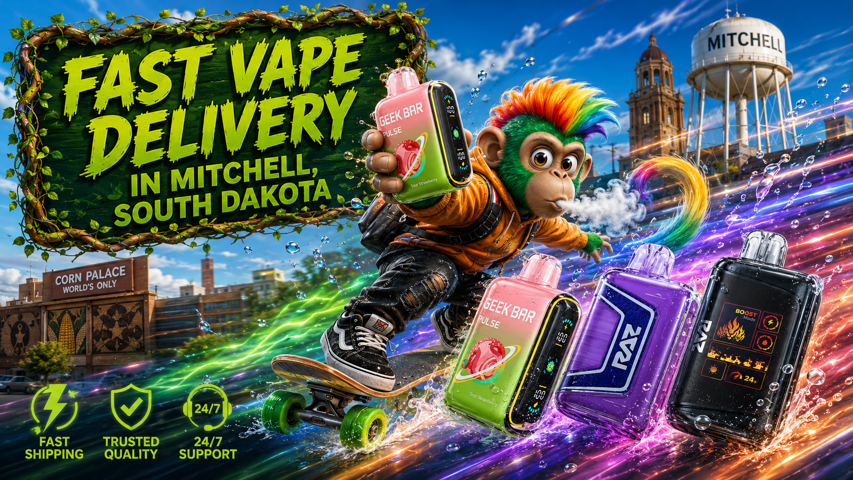 Fast Vape Delivery in Mitchell, South Dakota A vibrant promotional banner for fast vape delivery in Mitchell, South Dakota, featuring a colorful cartoon monkey riding a skateboard while holding a Geek Bar disposable vape. Several premium vape devices with water droplets race through glowing energy trails, with iconic Mitchell landmarks, including the Corn Palace and the Mitchell water tower, visible in the background. Bright service icons emphasize fast shipping, trusted quality, and 24/7 customer support, creating a dynamic and eye-catching advertisement.