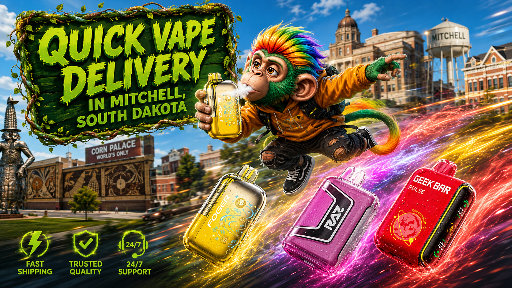 Quick Vape Delivery in Mitchell, South Dakota A colorful promotional banner for quick vape delivery in Mitchell, South Dakota, featuring a flying cartoon monkey holding a yellow disposable vape. Three vibrant vaping devices race through the city with glowing energy trails, while recognizable Mitchell landmarks, including the Corn Palace and the Mitchell water tower, appear in the background. Service icons highlight fast shipping, trusted quality, and 24/7 support.