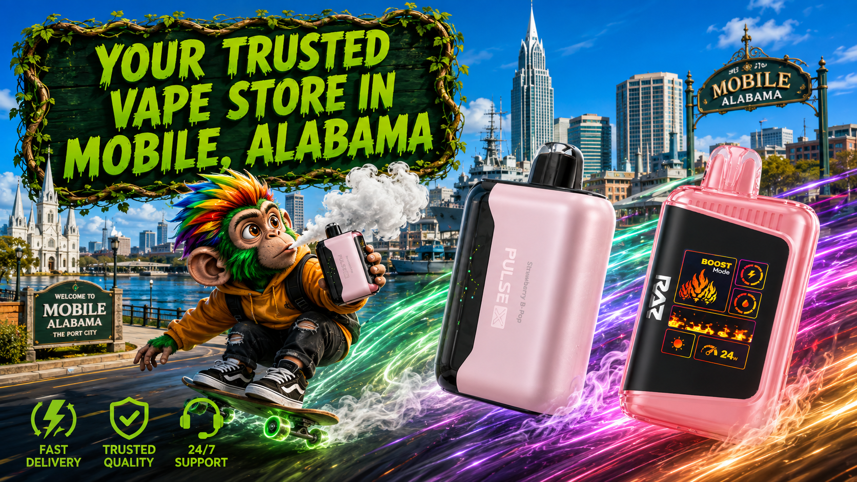 Two modern rechargeable devices with a colorful city backdrop and fast delivery theme in Mobile, Alabama.