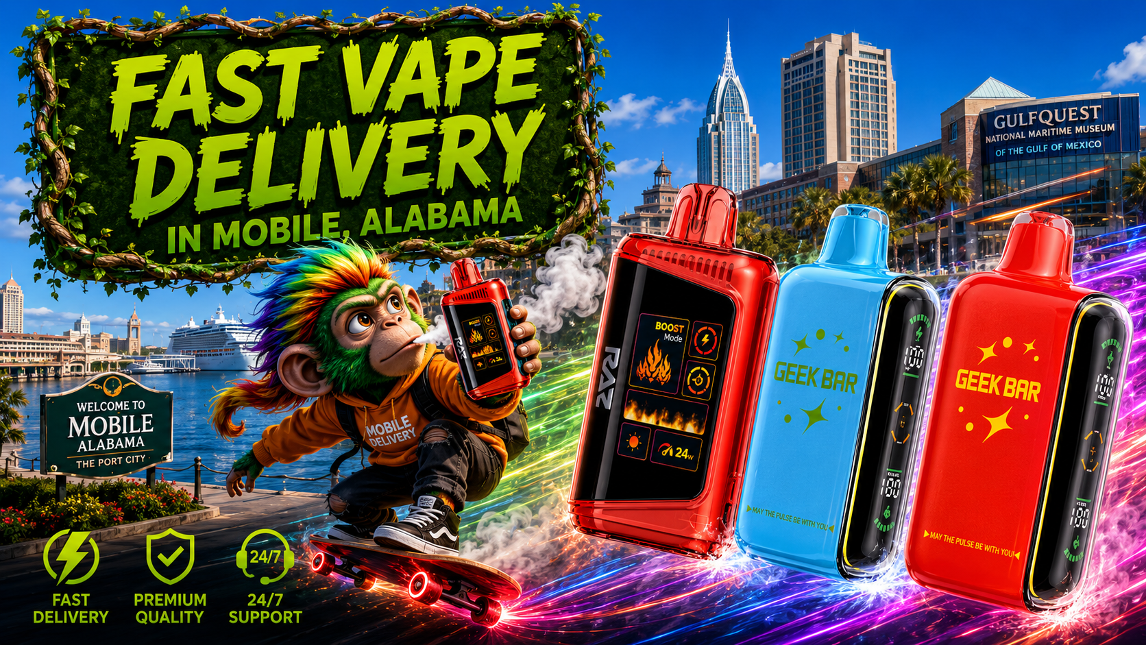 Three colorful rechargeable devices with dynamic light trails and a modern city backdrop in Mobile, Alabama.