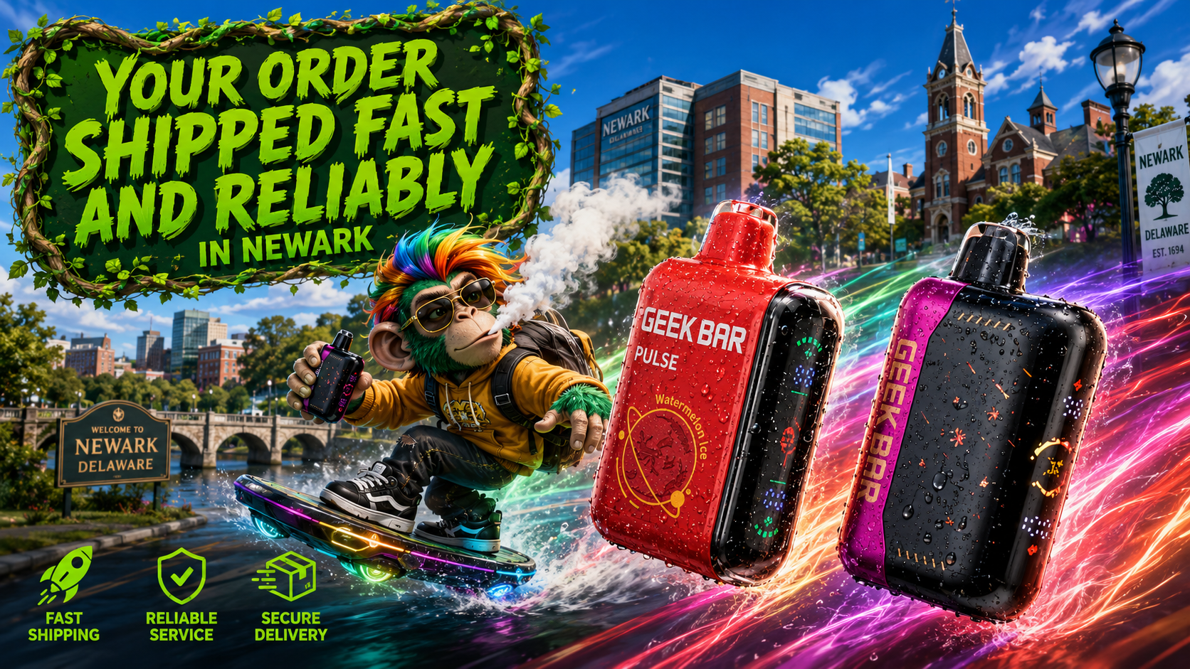Colorful promotional banner for fast vape delivery in Newark, Delaware, featuring premium Geek Bar disposable vapes with water droplets, a futuristic character riding a hoverboard, vibrant energy trails, and iconic Newark landmarks in the background. The artwork highlights same-day order shipping, reliable service, secure delivery, and a wide selection of disposable vapes available through an online vape shop with delivery across Newark, DE.