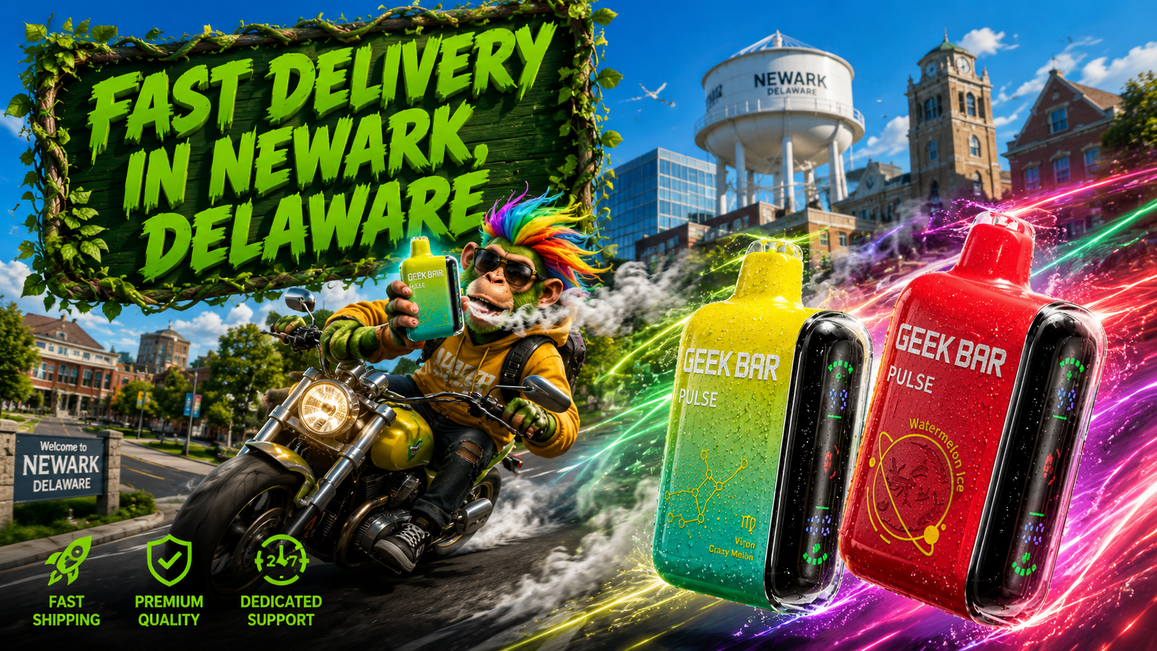 Promotional banner featuring fast vape delivery in Newark, Delaware, with two Geek Bar Pulse disposable vapes covered in water droplets, a colorful character riding a motorcycle while holding a vape, and famous Newark landmarks in the background. Bright energy trails, dynamic motion effects, and messaging about fast shipping, premium quality, and dedicated support emphasize reliable online vape delivery throughout Newark, DE and across Delaware.