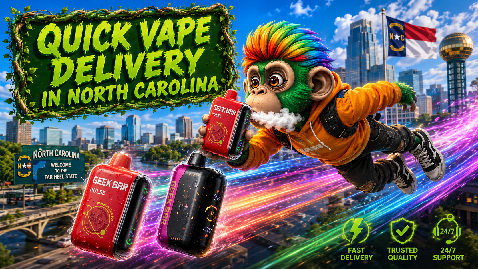 Quick Vape Delivery in North Carolina – Premium Disposable Vapes with Fast Shipping A colorful promotional banner for Vapor Puffs highlighting quick vape delivery in North Carolina. The artwork features premium Geek Bar disposable vapes with realistic water droplets flying through vibrant neon energy trails over the Charlotte skyline. A playful rainbow-haired mascot flies through the air while holding a Geek Bar Pulse device, with a bold green "Quick Vape Delivery in North Carolina" sign framed by leafy vines. The North Carolina state flag, welcome sign, iconic city landmarks, and service icons for fast delivery, trusted quality, and 24/7 support emphasize convenient same-day shipping and reliable delivery throughout NC.