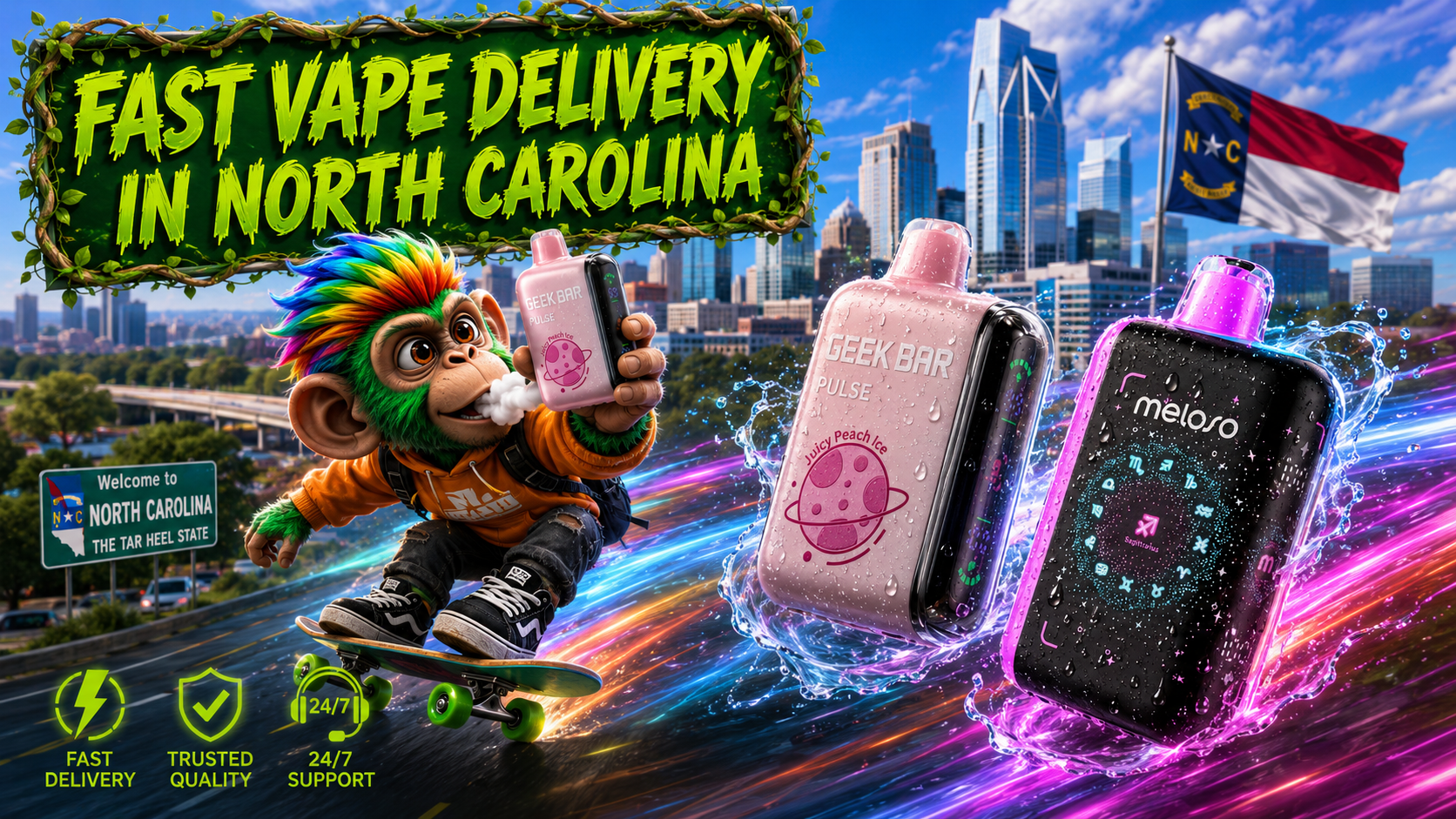 Fast Vape Delivery in North Carolina – Premium Disposable Vapes with Same-Day Shipping A vibrant promotional banner for Vapor Puffs featuring fast vape delivery in North Carolina. The image showcases premium disposable vapes, including Geek Bar Pulse and Meloso devices covered in water droplets, racing through colorful energy trails against the Charlotte skyline. A cheerful mascot rides a skateboard while holding a Geek Bar vape, with a bold green "Fast Vape Delivery in North Carolina" sign framed by leafy vines. The North Carolina state flag, welcome road sign, and service icons highlighting fast delivery, trusted quality, and 24/7 support emphasize reliable same-day shipping and delivery across NC.