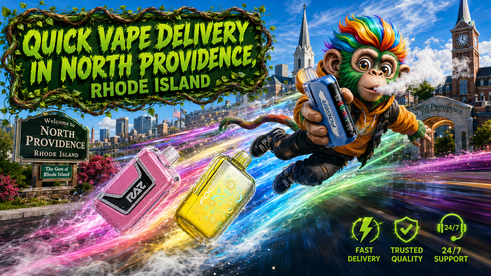 Quick Vape Delivery in North Providence, Rhode Island A colorful promotional banner showcasing quick vape delivery in North Providence, Rhode Island. The artwork features premium disposable vapes from RAZ and Foger with realistic water droplets, racing through the city with vibrant rainbow energy trails. A cheerful futuristic mascot flies across the scene while holding a blue Foger vape, with recognizable North Providence landmarks and the city welcome sign in the background. Bright green icons emphasize fast delivery, trusted quality, and 24/7 customer support, highlighting Vapor Puffs' wide selection of authentic disposable vapes at affordable prices.