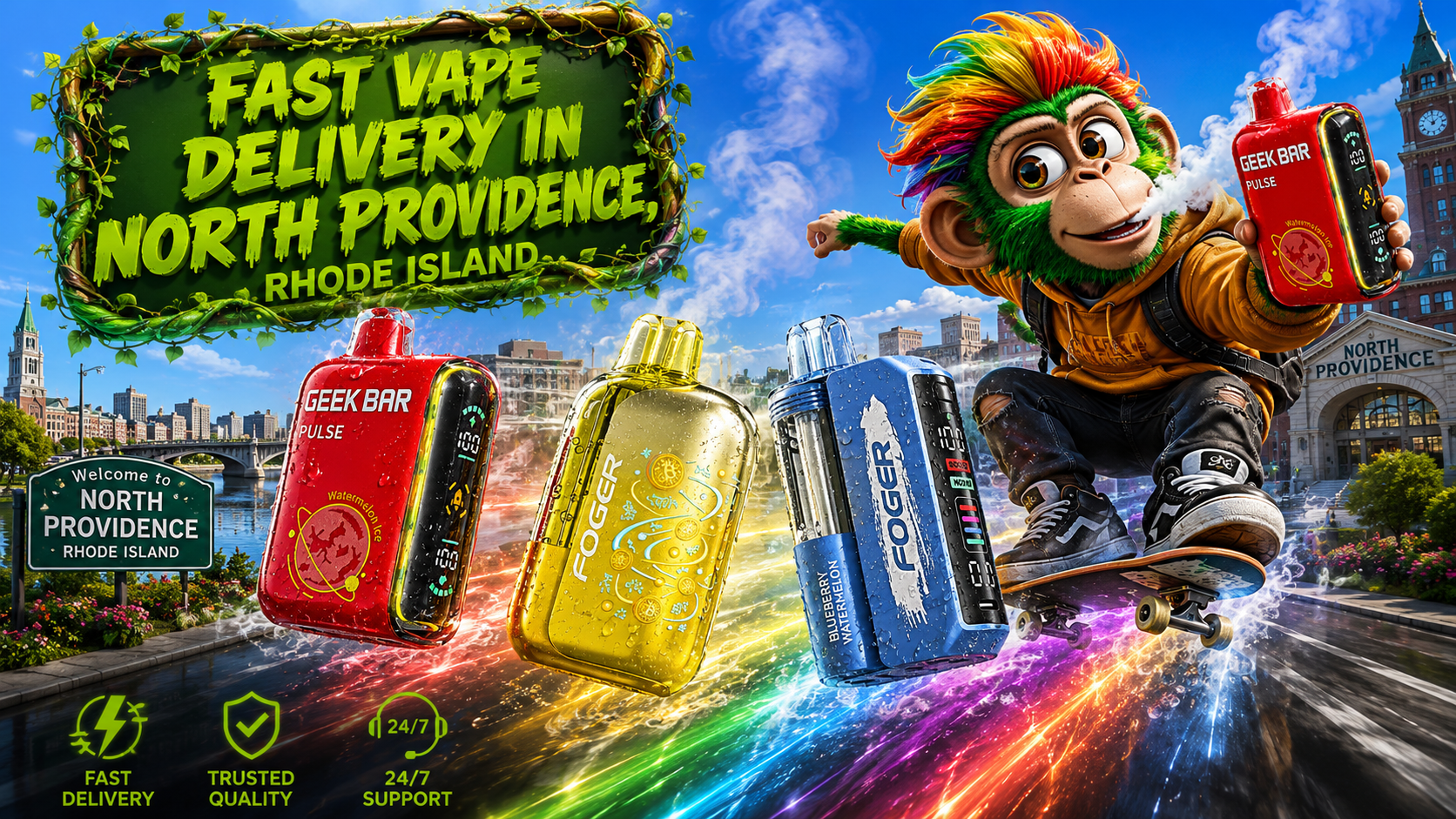 Fast Vape Delivery in North Providence, Rhode Island A vibrant promotional banner for Vapor Puffs featuring fast vape delivery in North Providence, Rhode Island. Colorful Geek Bar Pulse and Foger disposable vapes with realistic water droplets race through the city, leaving bright rainbow energy trails behind them. A cheerful futuristic mascot rides a skateboard while holding a red Geek Bar device, with recognizable North Providence landmarks and skyline elements in the background. Green service icons highlight fast delivery, trusted quality, and 24/7 support, emphasizing a wide selection of premium disposable vapes at affordable prices.