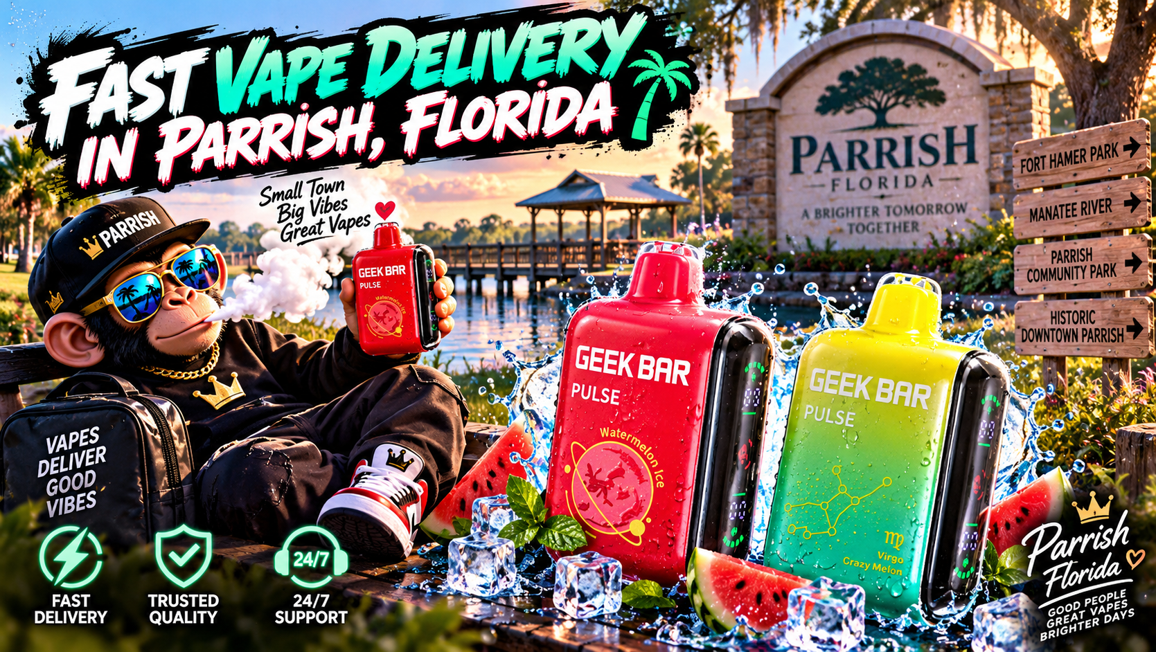 Colorful vape devices with water splashes in scenic Parrish, surrounded by palms, greenery and waterfront views.