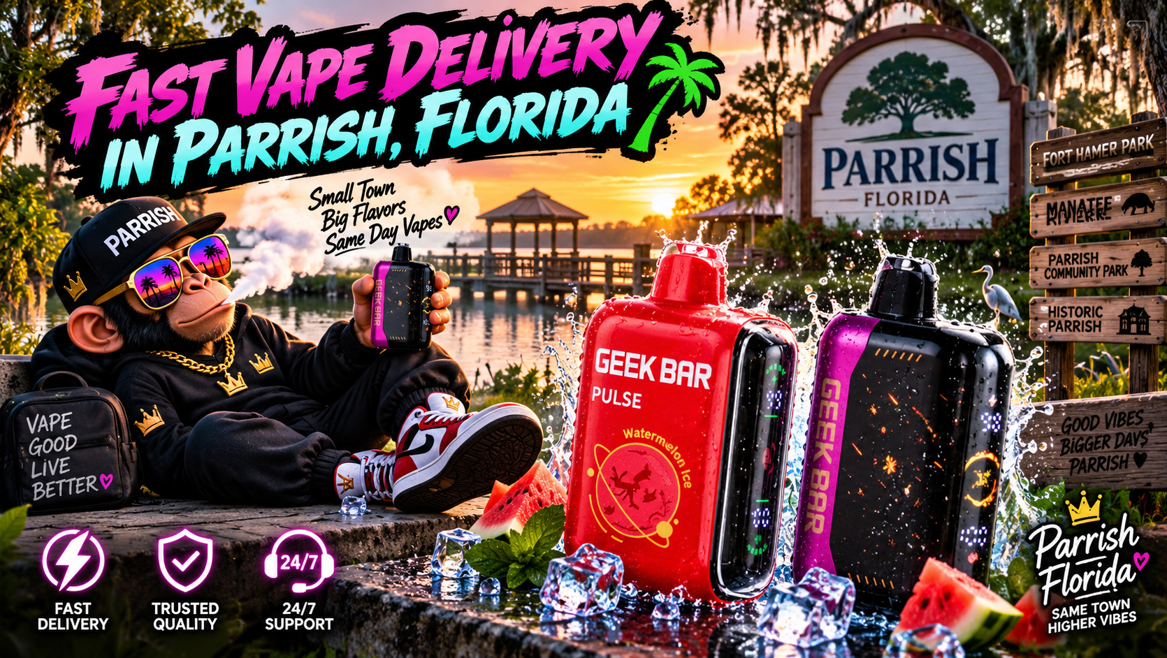 Colorful vape devices with water splashes in scenic Parrish, featuring a waterfront park and lush greenery.