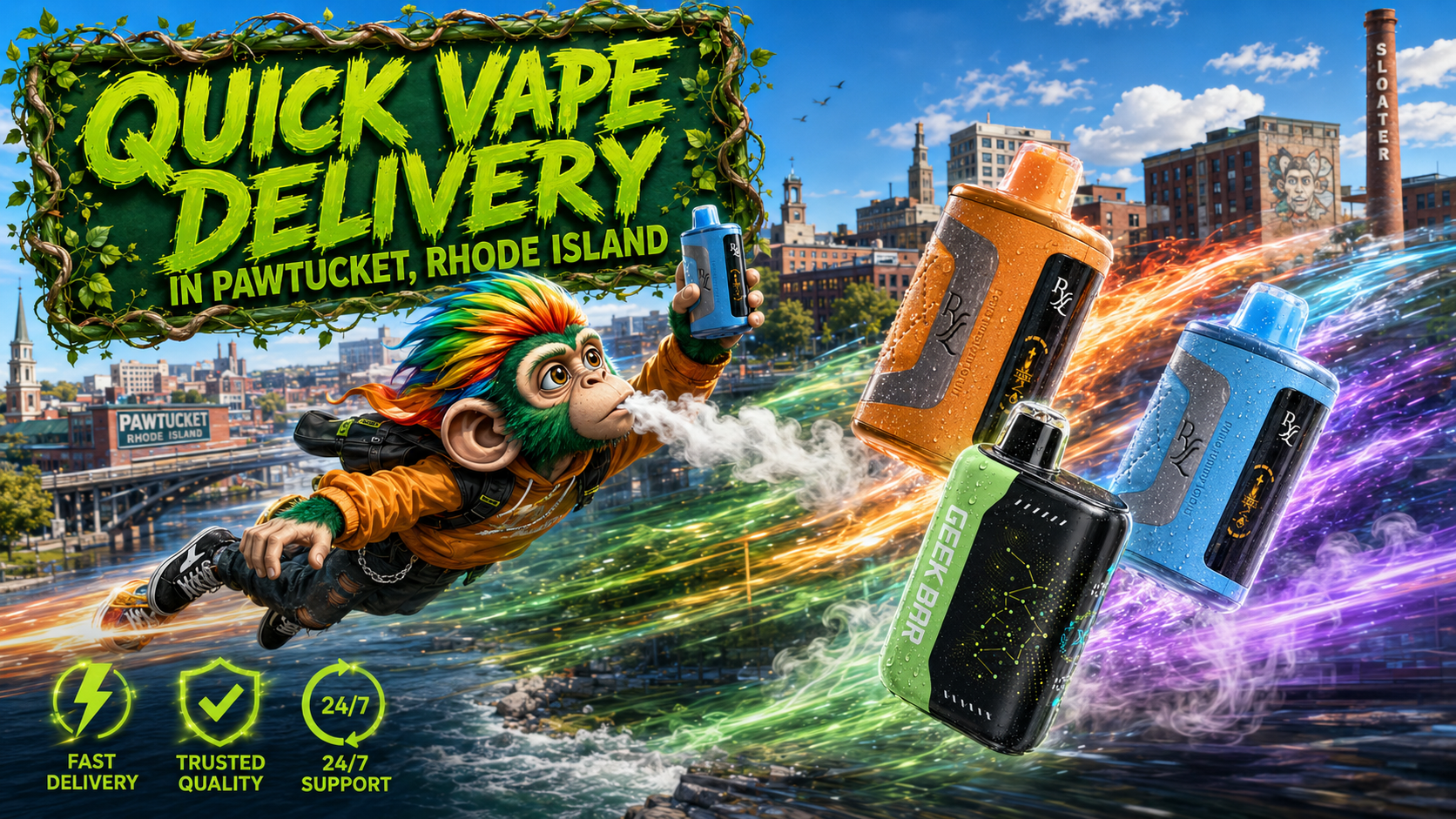 Quick Vape Delivery in Pawtucket, Rhode Island | Fast Online Vape Shop A vibrant promotional banner for Vapor Puffs featuring colorful disposable vapes flying through the skyline of Pawtucket, Rhode Island, leaving dynamic trails of energy and vapor. A futuristic flying mascot holds a vape device while highlighting quick vape delivery, trusted quality, and 24/7 support, with iconic Pawtucket landmarks in the background.