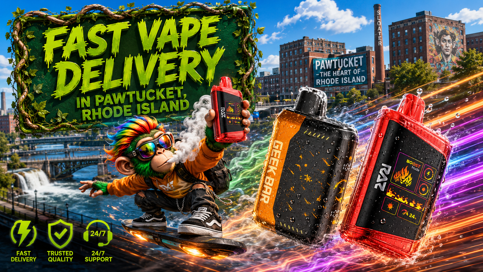 Fast Vape Delivery in Pawtucket, Rhode Island | Premium Disposable Vapes A colorful promotional banner showcasing fast vape delivery in Pawtucket, Rhode Island, with premium disposable vapes speeding through the city on vibrant trails of energy and vapor. A futuristic mascot rides a hoverboard while holding a vape device, surrounded by iconic Pawtucket landmarks, emphasizing trusted quality, fast shipping, and 24/7 customer support.
