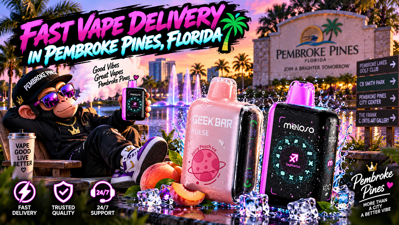 Colorful vape devices with water splashes, ice and peach accents against a vibrant Pembroke Pines sunset.