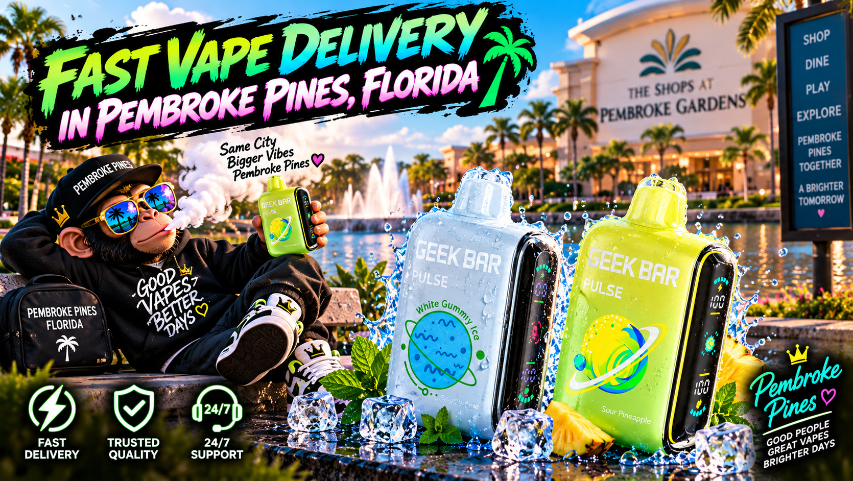 Colorful vape devices with water splashes and ice near a sunny Pembroke Pines shopping district.