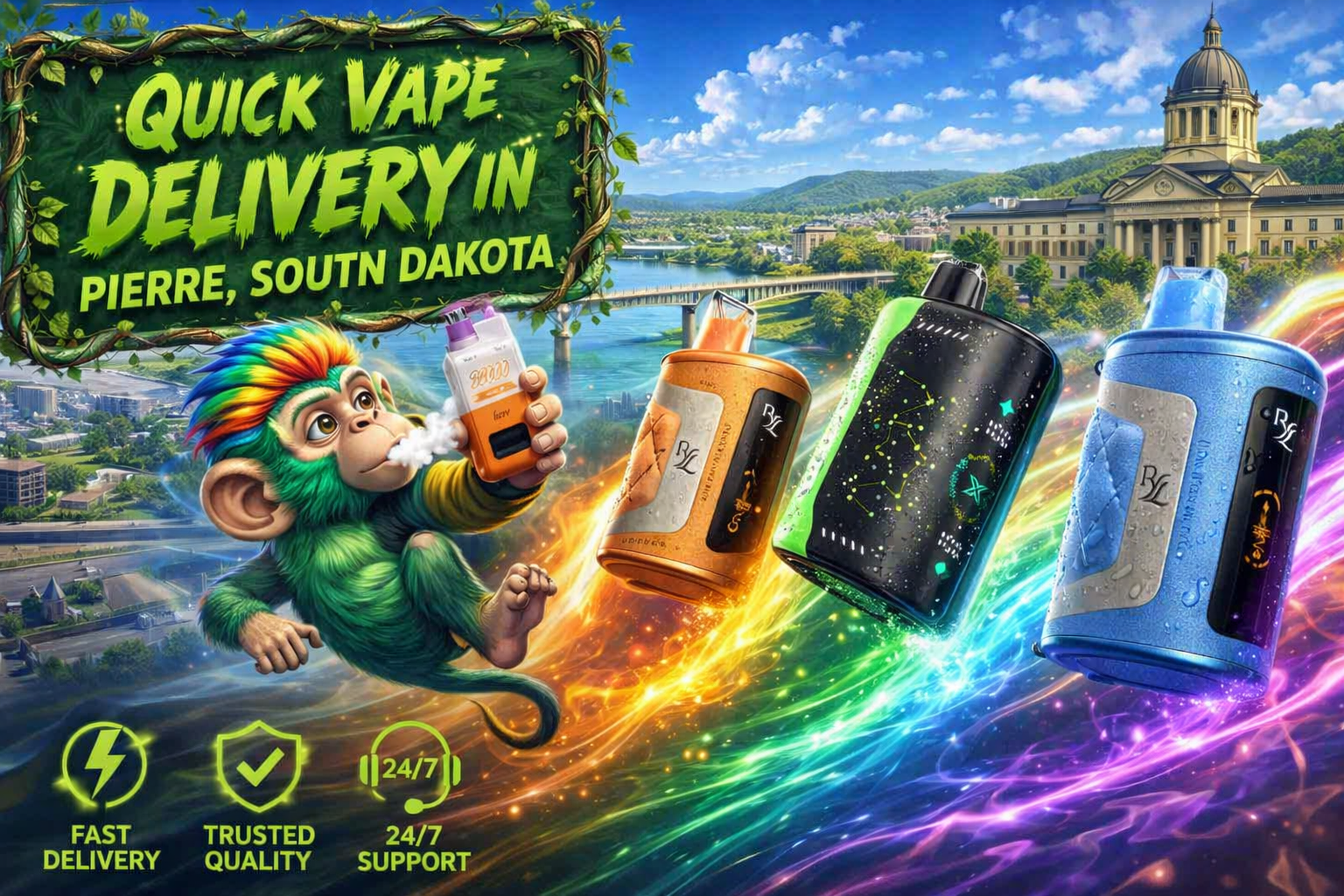 Quick Vape Delivery in Pierre, South Dakota A colorful promotional banner for quick vape delivery in Pierre, South Dakota, featuring several disposable vapes flying through bright energy trails. A cartoon monkey holds a vape in front of a cityscape with the South Dakota State Capitol, while service icons highlight fast delivery, trusted quality, and 24/7 support.