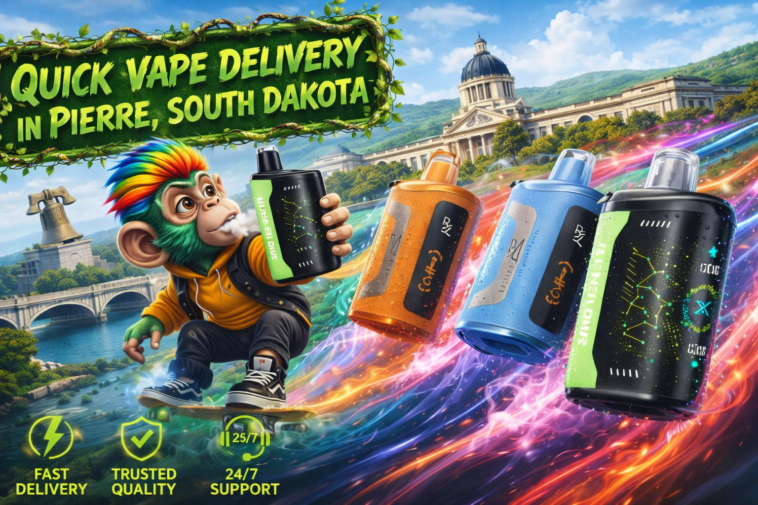 Quick Vape Delivery in Pierre, South Dakota | Premium Disposable Vapes A vibrant promotional banner showcasing quick vape delivery in Pierre, South Dakota, with four colorful disposable vapes soaring through glowing energy trails across the city skyline. A playful monkey rides a skateboard while holding a vape, with the South Dakota State Capitol in the background and icons highlighting fast delivery, trusted quality, and 24/7 support.