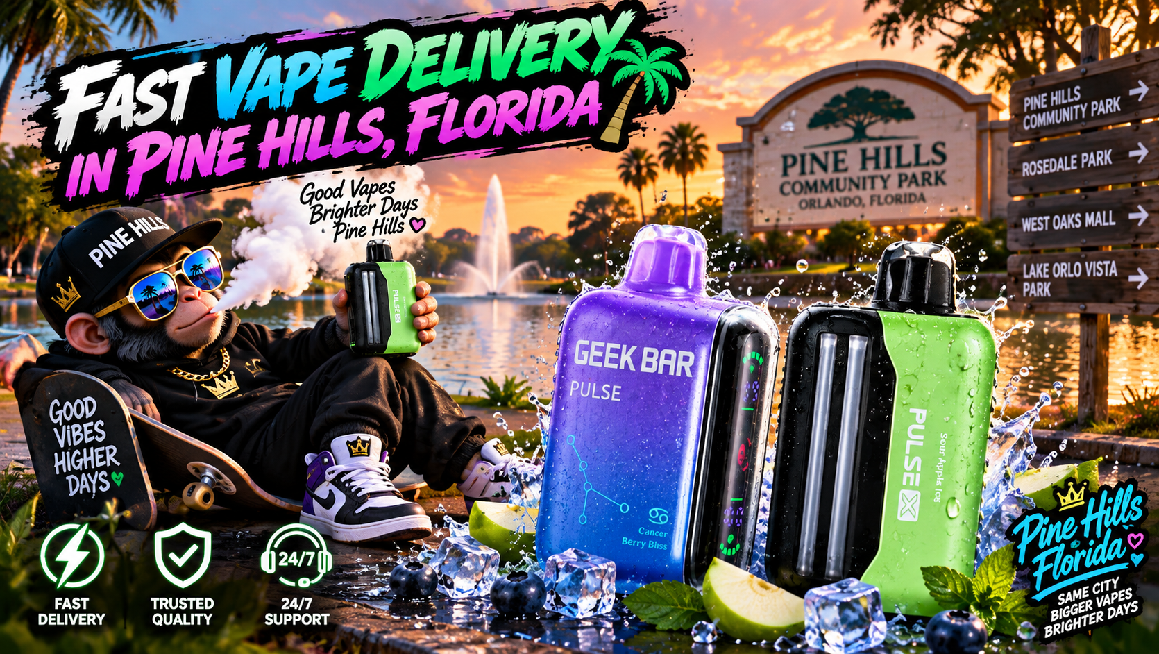 Fast Vape Delivery in Pine Hills, Florida Colorful vape devices with water splashes, ice and fruit accents in a sunny Pine Hills park setting.