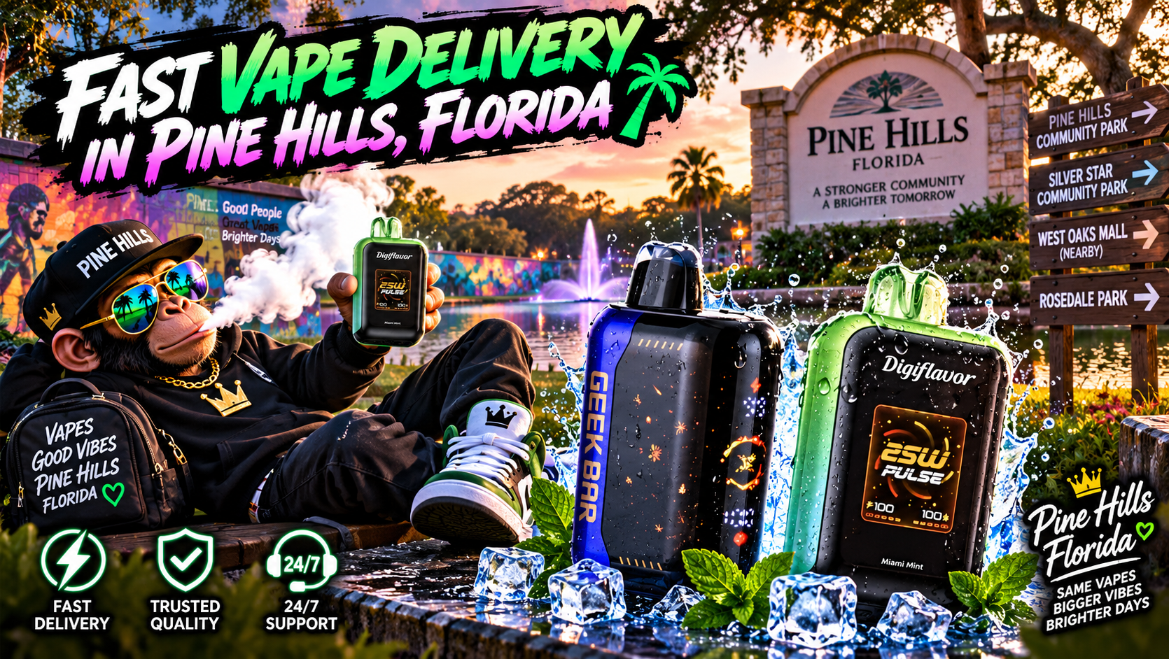 Fast Vape Delivery in Pine Hills, Florida Colorful vape devices with water splashes, ice and mint accents in a vibrant Pine Hills park setting.