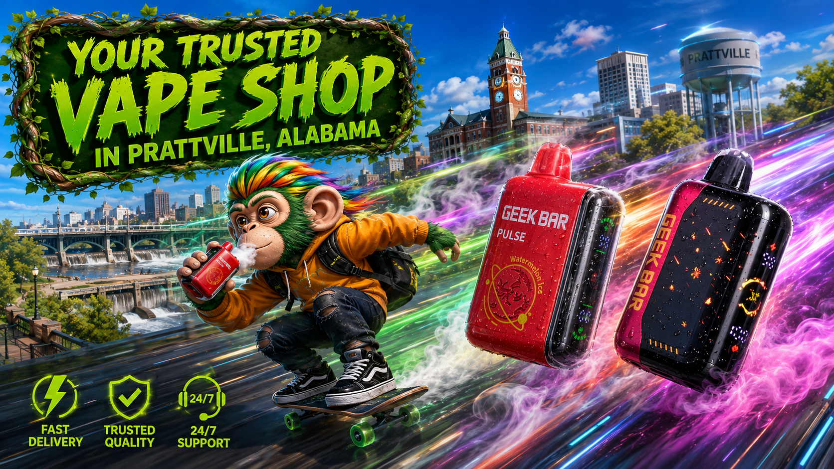 Disposable Vape Devices with Colorful Energy Trails and City Background Two disposable vape devices with colorful effects, water droplets, and a vibrant city skyline with fast delivery artwork.