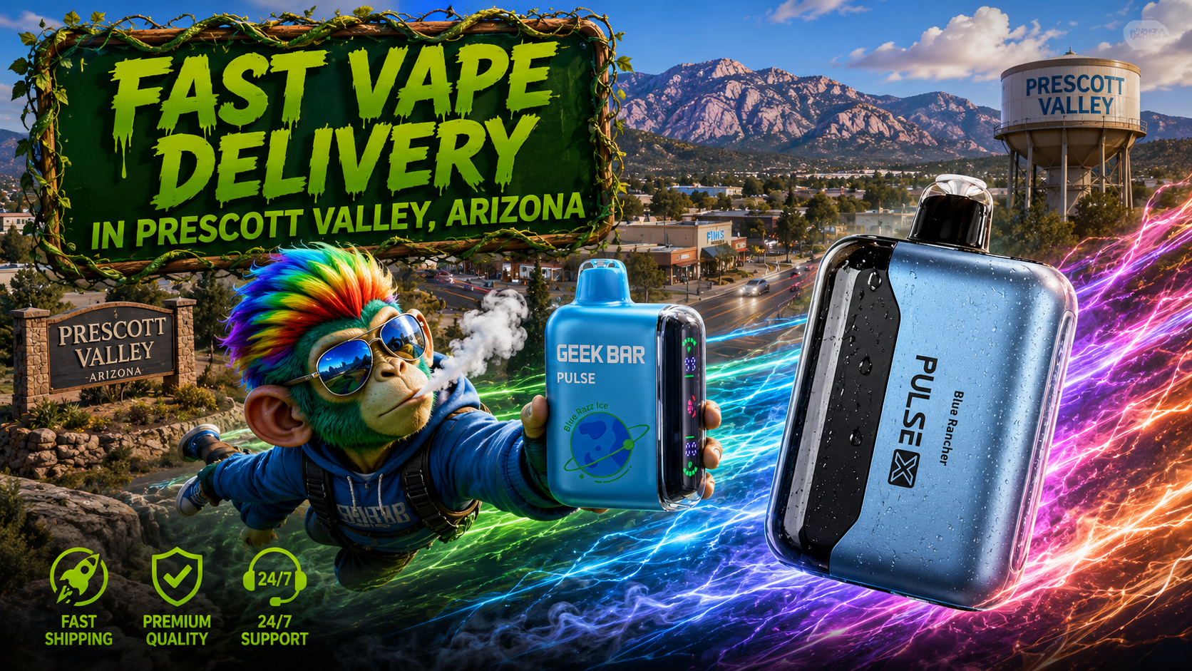 Disposable Vape Collection in Prescott Valley, Arizona Colorful disposable vape devices with a Prescott Valley, Arizona backdrop and a fast delivery themed design.
