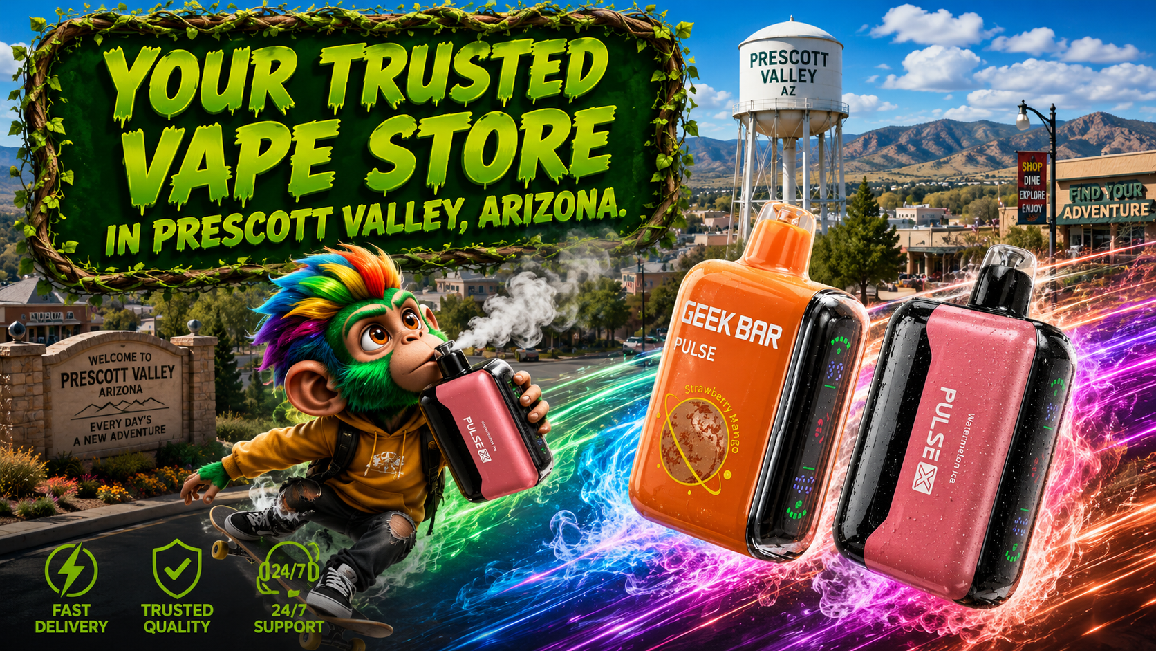 Premium Disposable Vapes in Prescott Valley, Arizona Disposable vape devices showcased in a vibrant Prescott Valley, Arizona scene with colorful motion effects.