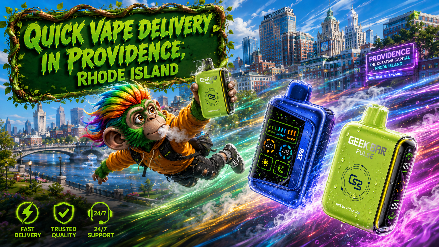 Quick Vape Delivery in Providence, Rhode Island A vibrant promotional banner showcasing quick vape delivery in Providence, Rhode Island, featuring colorful Geek Bar Pulse disposable vapes flying through the city skyline with glowing energy trails. A futuristic monkey character holds a green Geek Bar device while iconic Providence landmarks, premium service icons, and bold green typography emphasize fast shipping, trusted quality, and 24/7 customer support.