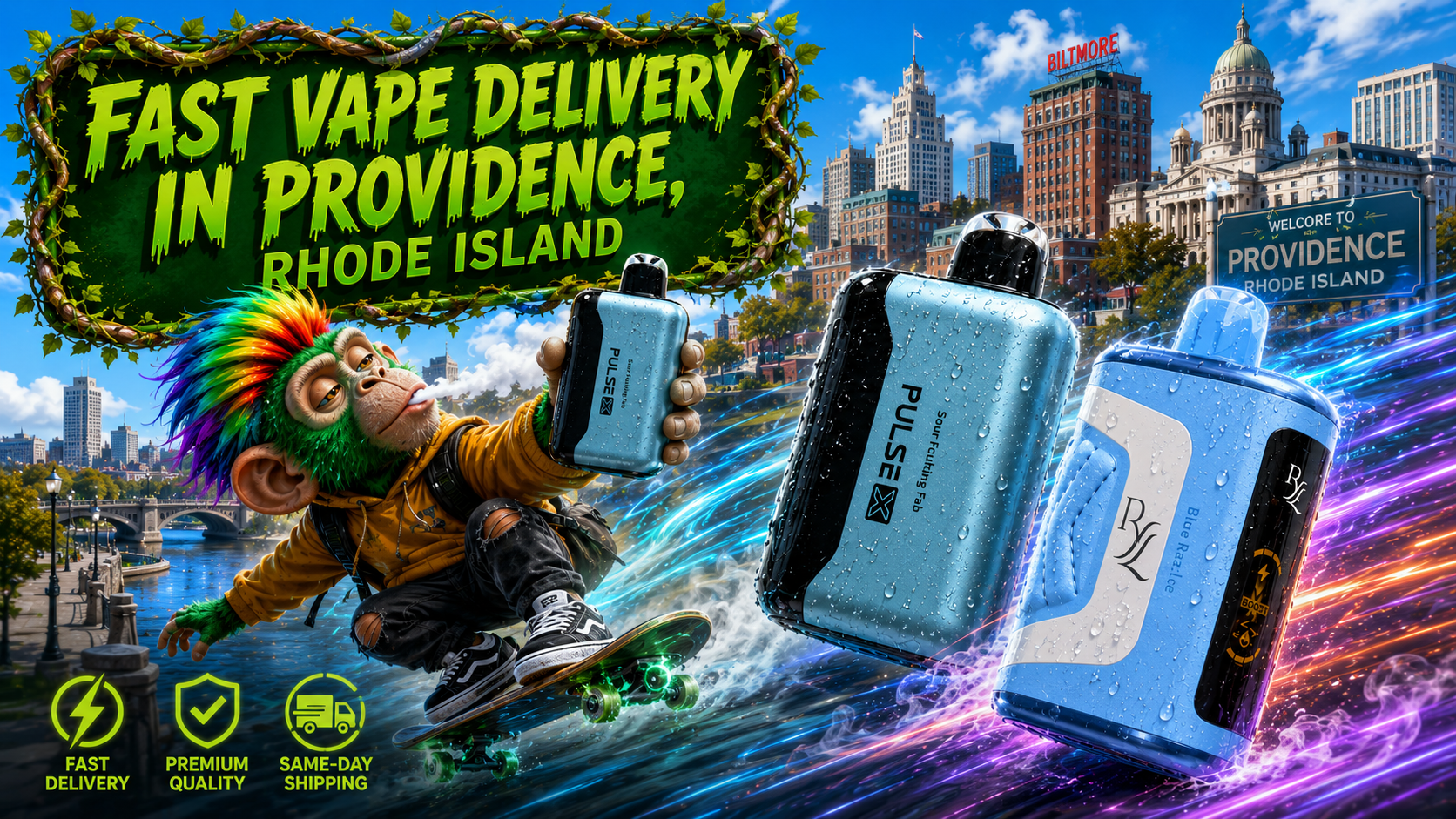 Fast Vape Delivery in Providence, Rhode Island | Premium Disposable Vapes A dynamic promotional banner featuring fast vape delivery in Providence, Rhode Island, with premium disposable vapes racing through the city skyline surrounded by colorful energy trails and swirling vapor. A vibrant monkey character rides a skateboard while holding a vape device, with iconic Providence landmarks, service icons highlighting fast delivery, premium quality, and same-day shipping, creating a bold and futuristic online vape shop advertisement.