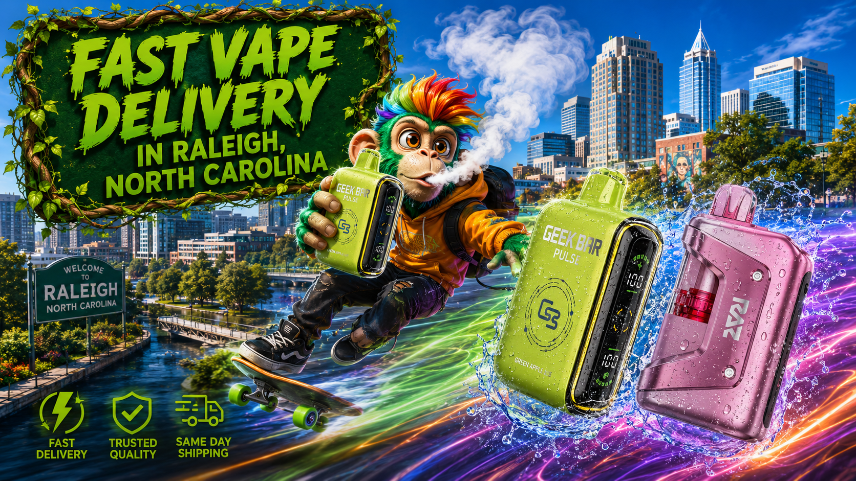 Fast Vape Delivery in Raleigh, North Carolina A vibrant promotional banner for Vapor Puffs featuring fast vape delivery in Raleigh, North Carolina. A colorful skateboard-riding mascot holds a Geek Bar Pulse disposable vape while flying through the Raleigh skyline. Water-covered Geek Bar Pulse and RAZ disposable vapes are showcased with dynamic energy trails, splashing water effects, and a bold green "Fast Vape Delivery in Raleigh, North Carolina" sign. The image also highlights trusted quality, same-day shipping, and fast delivery, emphasizing a wide selection of authentic disposable vapes at competitive prices.
